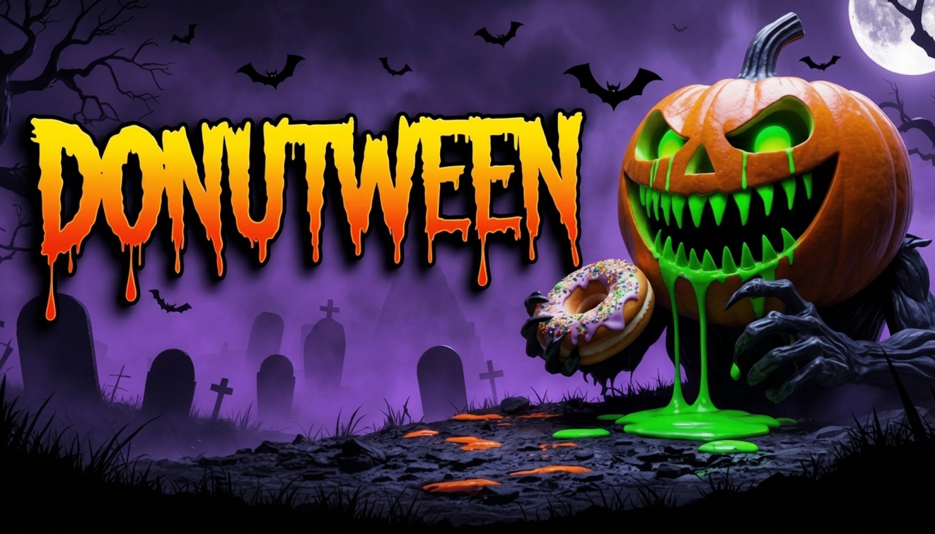 Donutween — a grinning jack-o-lantern monster holding a donut in a purple graveyard