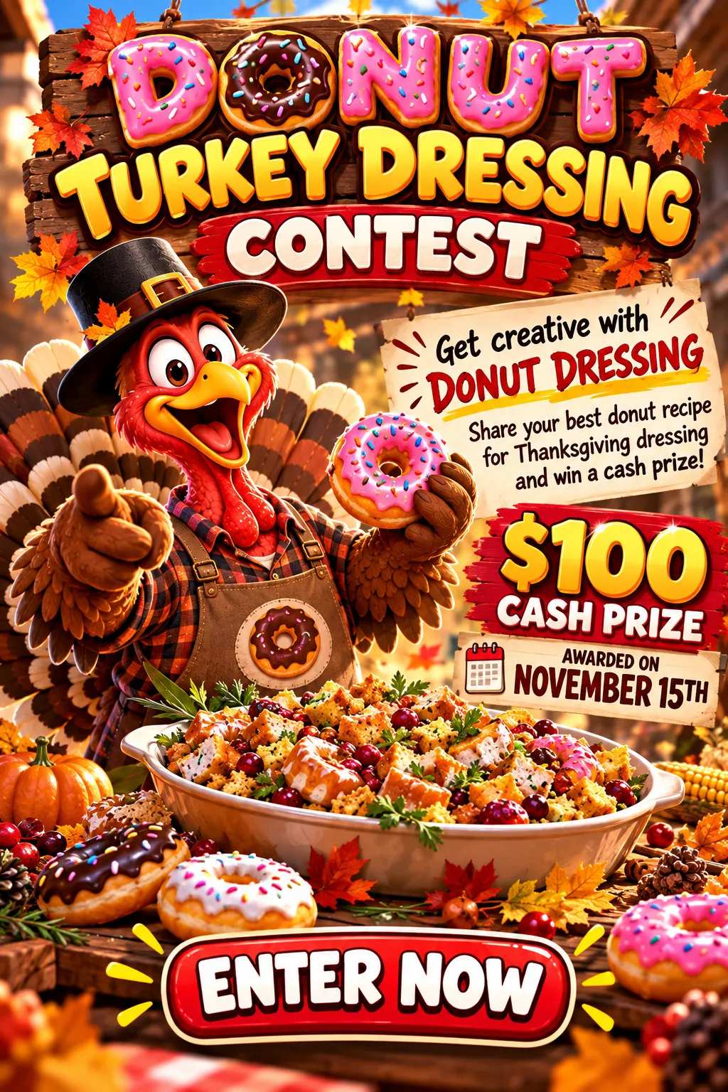 Donut Turkey Dressing Contest: share your best donut recipe for Thanksgiving dressing and win $100